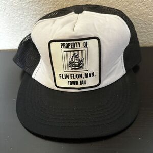 Vintage Hat Flin Flon Manitoba Town Jail / Property Of Patch Black White